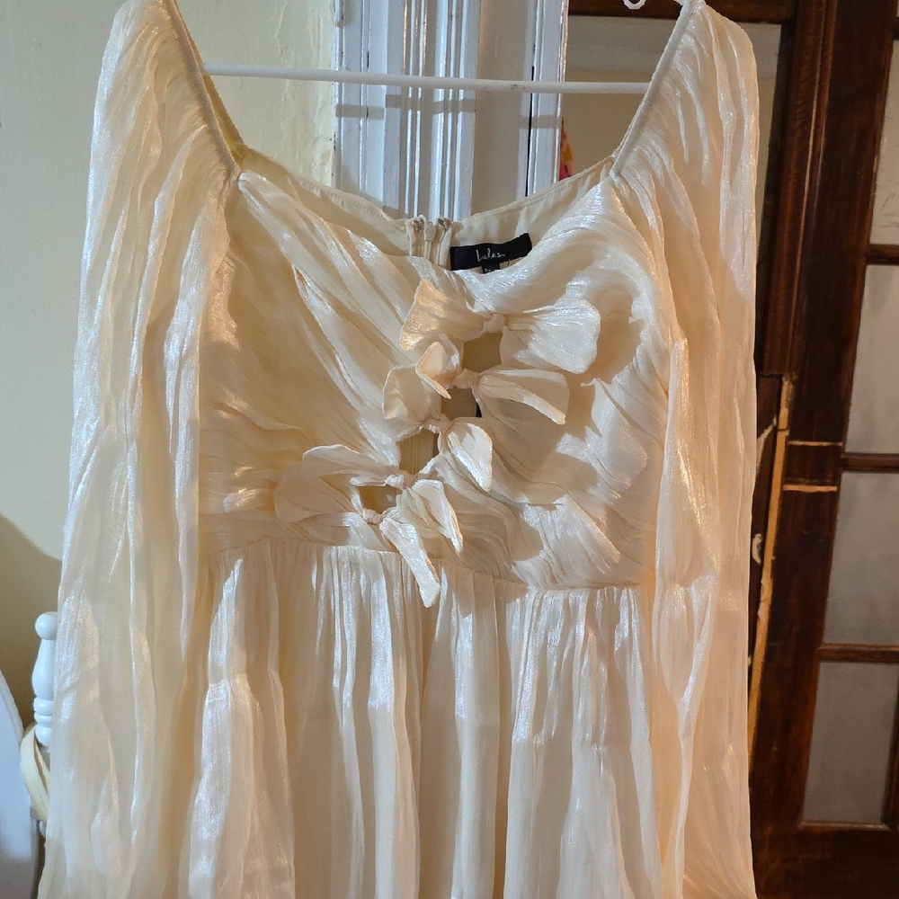 Lulu's Shimmering Cream Dress with Ruffle Accents